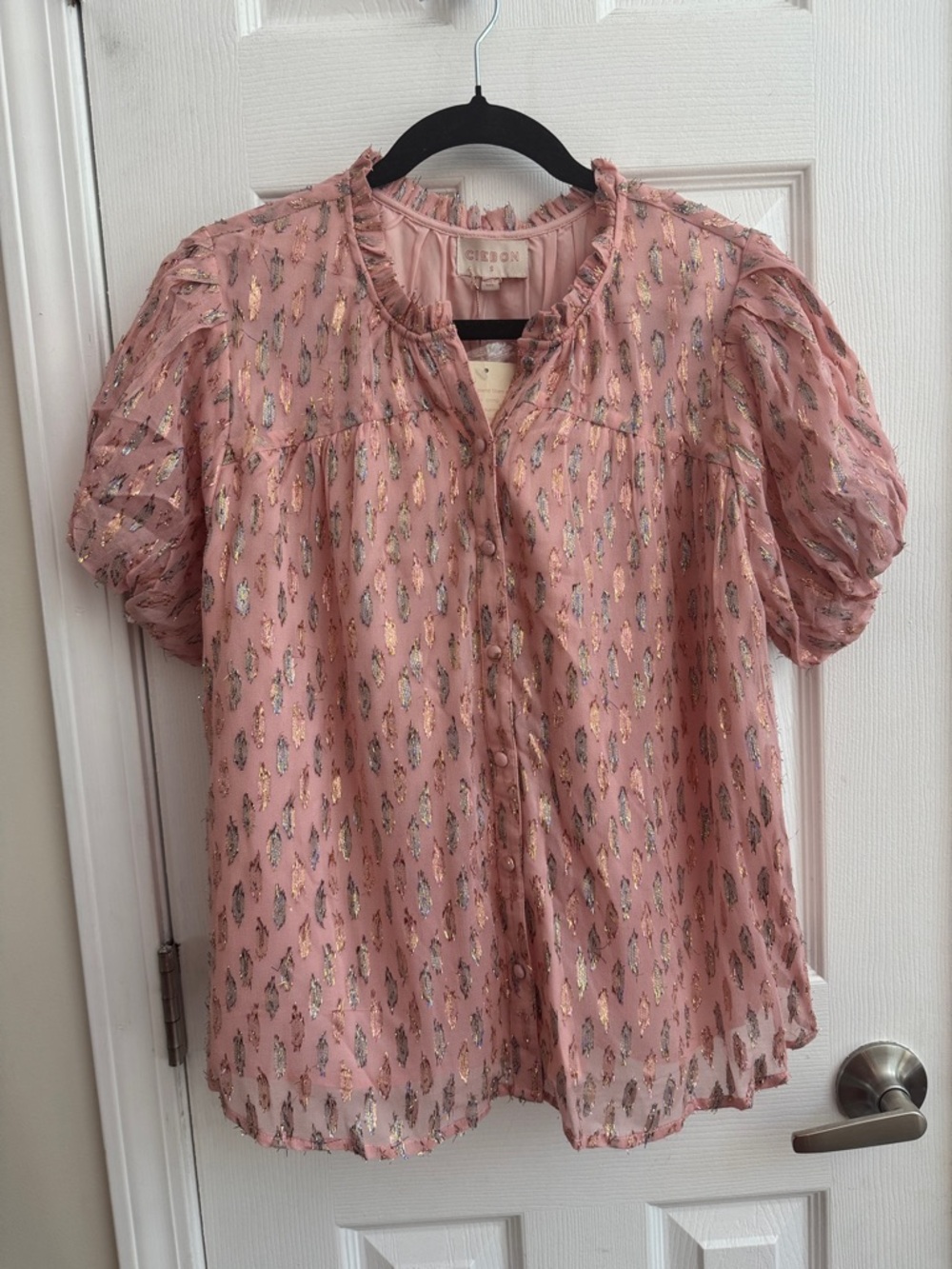 CIEBON Pink Puff Sleeve Button Front Blouse Metallic Threads Size Small NWT